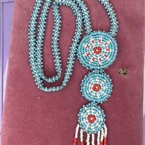 Handcrafted Beaded Tassel  Necklace - Turquoise and Red